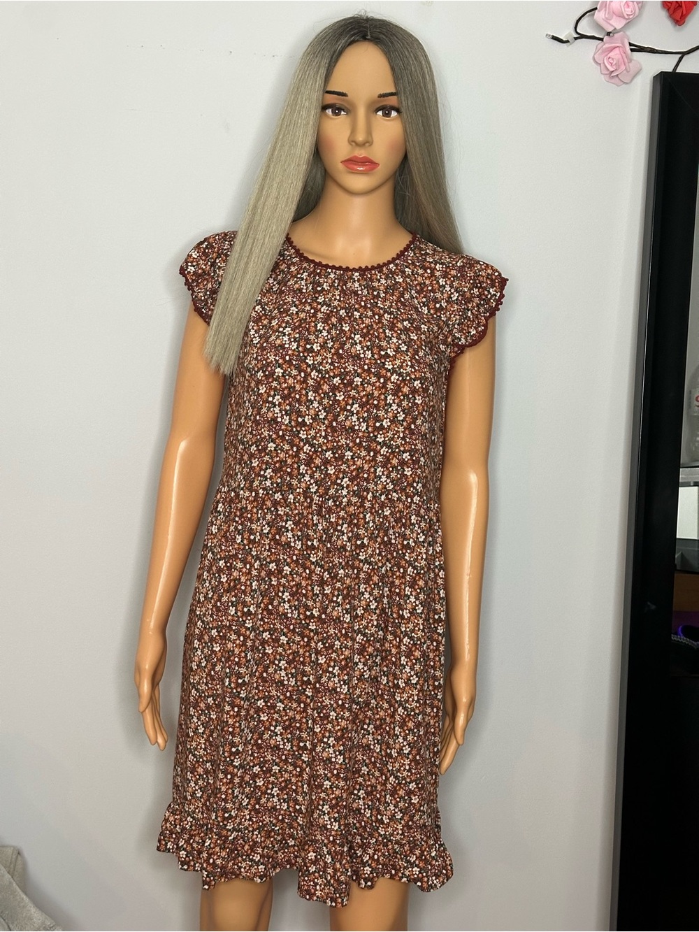 Wild Fable Floral Ruffle-Sleeve Shift Dress in Rust Sz M